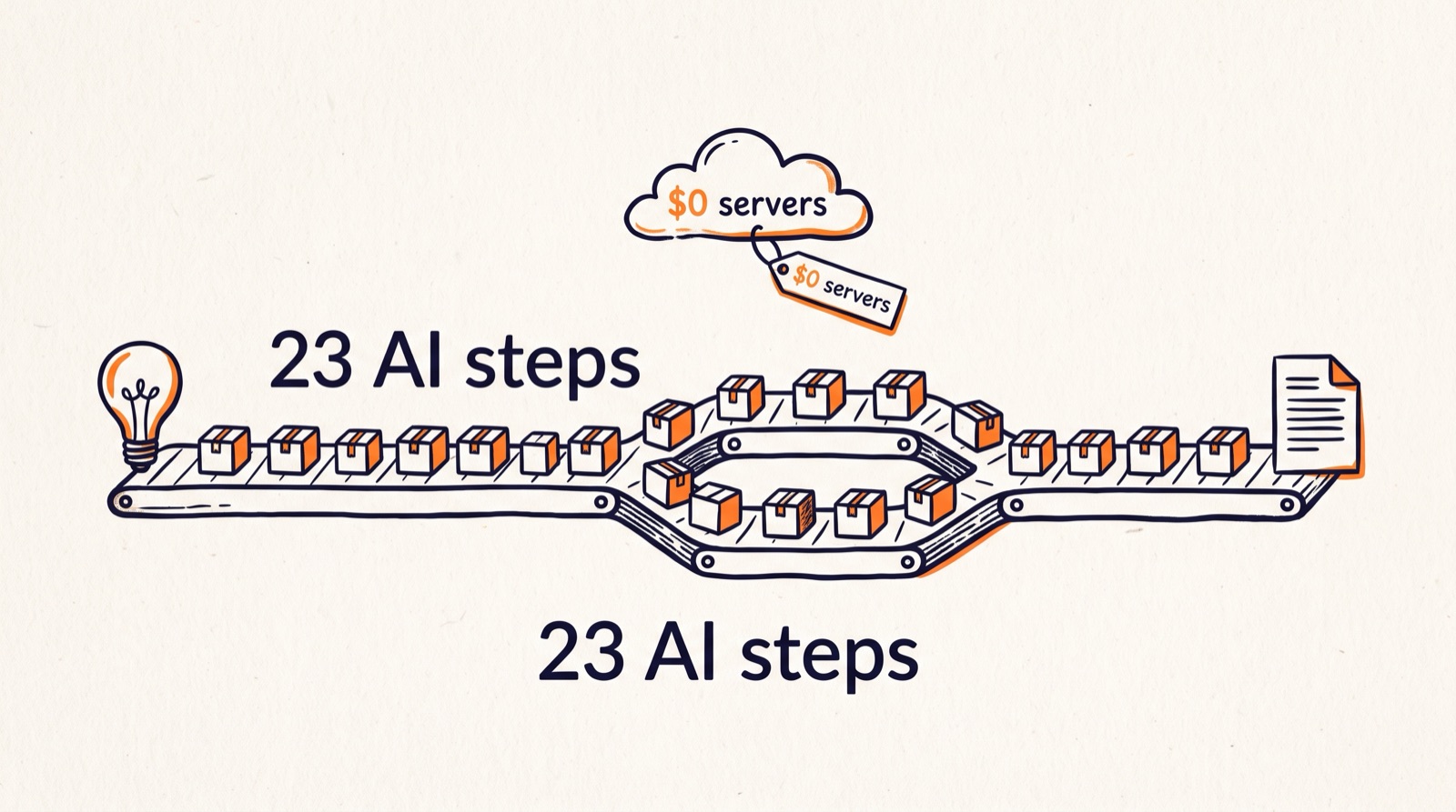 A conveyor of AI steps that splits into parallel lanes and merges back