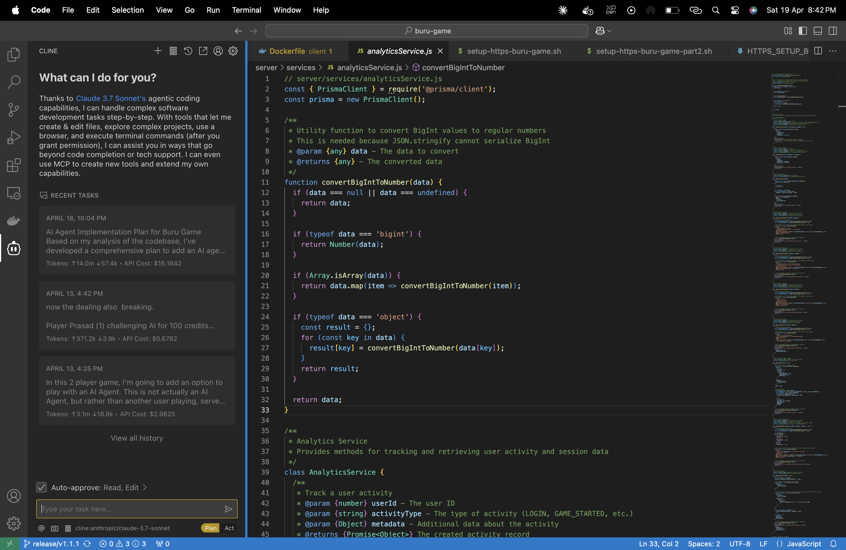 Screenshot of my VS Code setup with Cline plugin activated