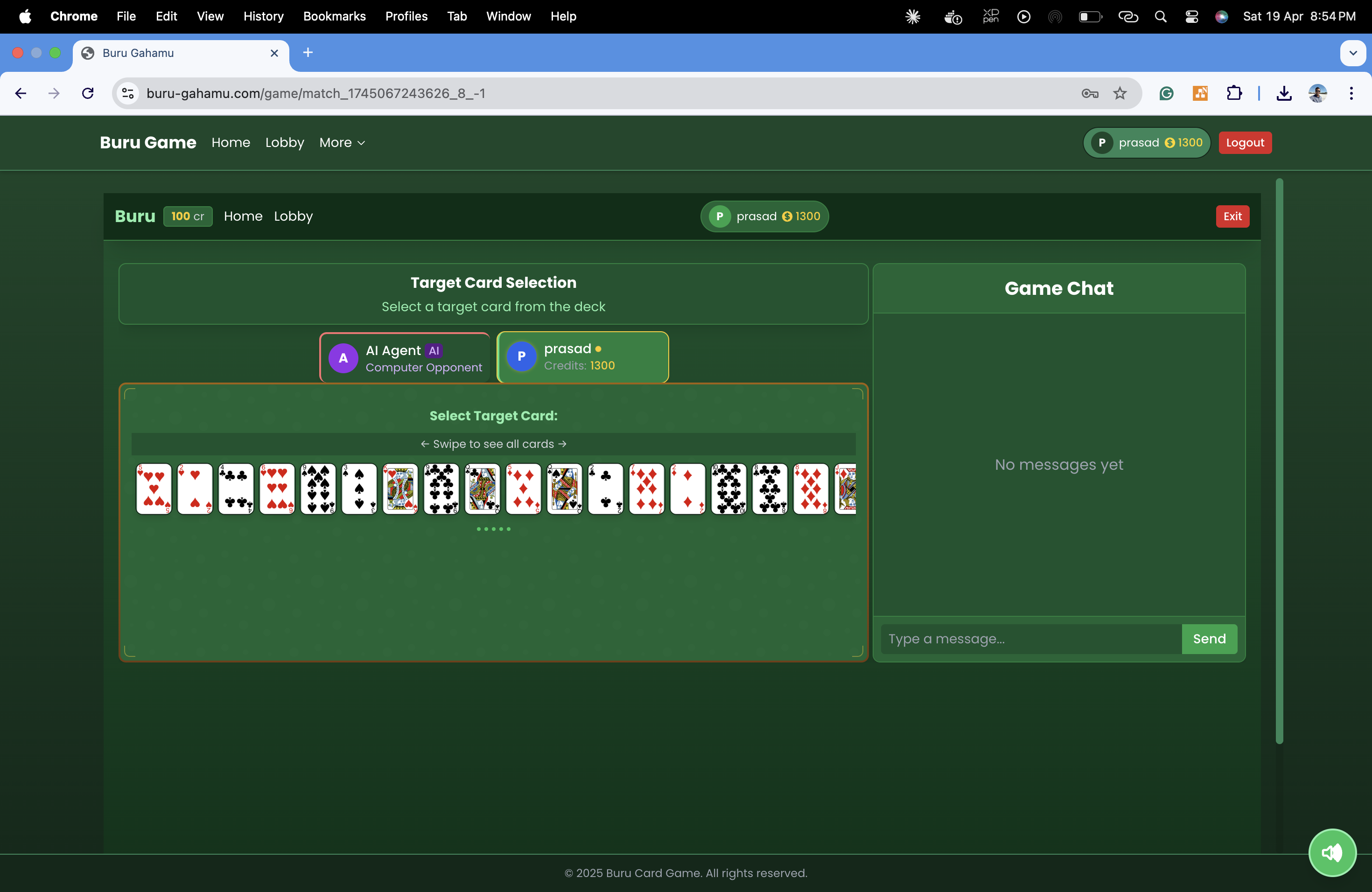 Screenshot of the Buru Gahamu game interface showing card selection
